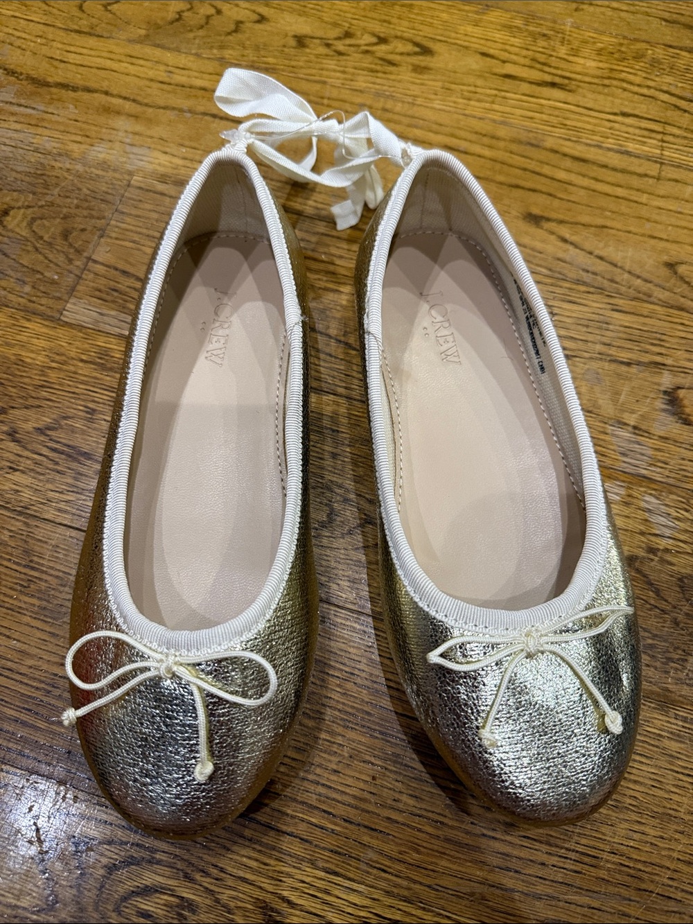 J. Crew Metallic Gold Ballet Flats with Cream Ribbon